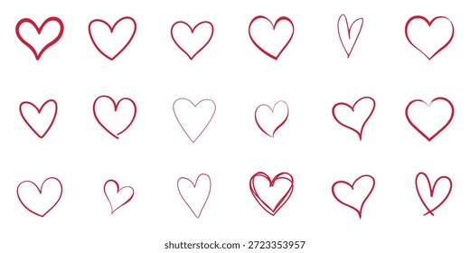 Conjunto de Vector de Colección de icono de contorno de corazón - Símbolo de amor romántico dibujado a mano Línea roja rosa Sketch Doodle Boda de San Valentín Paquete de forma romántica Minimalista Elemento de diseño simple Clipart Plantilla de tarjeta de felicitación