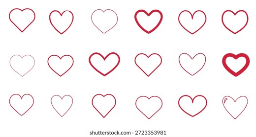 Coração Contorno Ícone Coleção Vetor Conjunto - Mão Desenhado Amor Romance Símbolo Rosa Linha Vermelha Esboço Doodle Valentine Casamento Romântico Forma Pacote Minimalista Simples Design Elemento Clipart Cartão Modelo