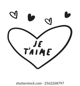 Heart. Outline icon. Phrase- Je T'aime. It's mean I love you on French. Illustration on white background.