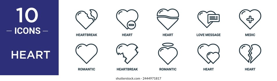 conjunto de iconos de contorno de corazón incluye línea delgada rompecorazones, corazón, corazón, mensaje de amor, médico, romántico, iconos de rompecorazones para informe, presentación, diagrama, Diseño web