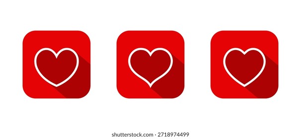 Conjunto de iconos de contorno de corazón con sombra larga. Amor mínimo y símbolo romántico en cuadrado rojo