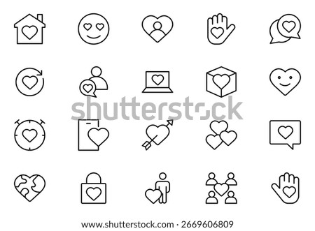 Heart outline icon set. love, care, help, charity, and donation outline icons are set isolated on a white background in a flat.Thin outline icons pack. Vector illustration. editable stroke