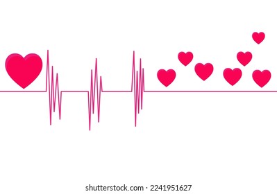 Heart outline illustration and many pink hearts on pink background isolated.