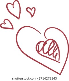 Contorno do coração com rabiscos internos e pequenos corações ao redor, esboço esboço esboço esboço. Símbolo de amor, romance, afeto e cuidado, perfeito para saudações, casamento, namorados. Ilustração de vetor de desenhos animados.
