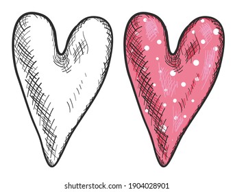 Heart, outline, love symbol, sign, black and white and color illustration. Stock vector image, on white background, isolated. Sketch