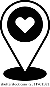 A heart with a outline is on a map. The heart is pointing to a location