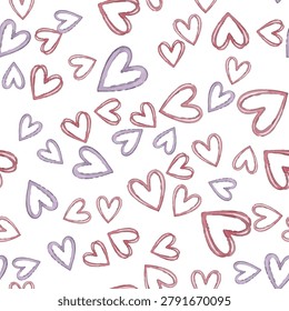 Heart outline seamless pattern with chaotic messy scribble love shapes, dusty pink, violet contours on white background. Vector hearts repeatable backdrop for teenager bedroom wallpaper, trendy stationary notebooks, casual street fashion prints, youth greeting cards, wrapping paper.