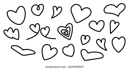 Heart outline set with thick lines, hand-drawn vector