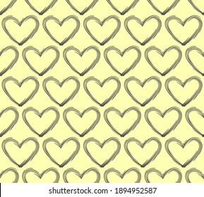 Heart outline shapes seamless pattern. Scribble line, doodle ink brush stroke, monochrome geometric grid illustration. Transparent background. Vector 