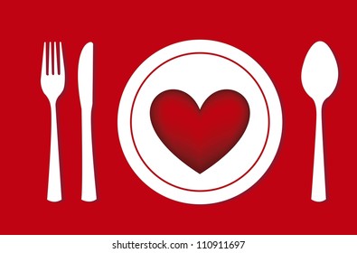 heart over dish, romantic dinner. vector illustration