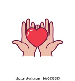 Heart over hands line and fill style icon design of love passion romantic valentines day wedding decoration and marriage theme Vector illustration