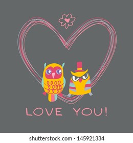 Heart owls gift card and sample text. Dark background. Template for design cartoon greeting card, wedding invitation, Valentines day background