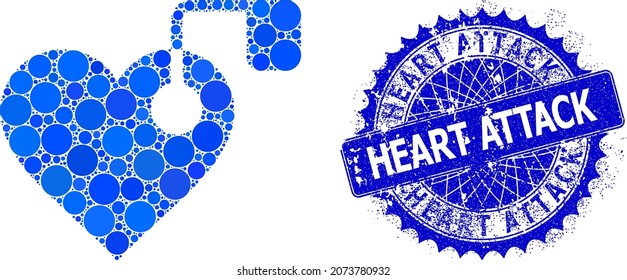 Heart pacemaker vector composition of round dots in various sizes and blue color shades, and rubber Heart Attack badge. Blue round sharp rosette badge has Heart Attack title inside.