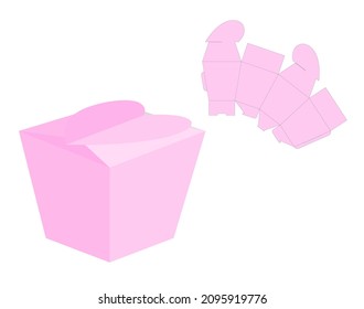 Heart packaging box die cut template. Laser cut lines. Cut and Fold, Self Lock, Packaging Design, Valentine's Day Gift Box. Pink, blank, isolated mock up on white background, perspective view.
