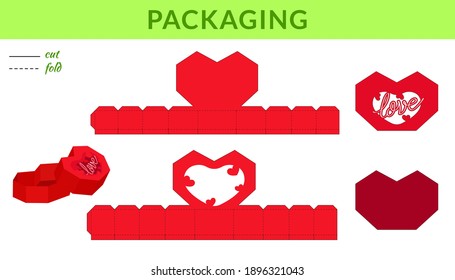 Heart packaging design for Valentine's day, birthdays, baby showers for sweets, candies, small presents, bakery. Retail box blueprint template design. Print, cutout, fold, glue. Vector illustration