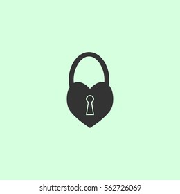 Heart pad lock icon flat. Grey vector symbol on green background