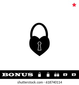 Heart pad lock icon flat. Black pictogram on white background. Vector illustration symbol and bonus button open and closed lock, folder, star
