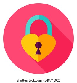 Heart Padlock Circle Icon. Flat Design Vector Illustration with Long Shadow. Happy Valentine Day Symbol.