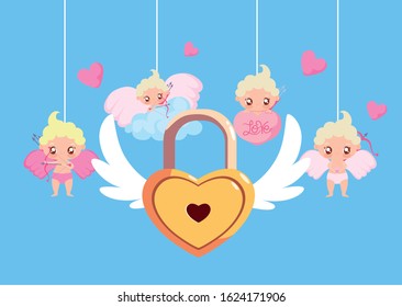 Heart padlock and cupids cartoons design of love passion romantic valentines day wedding decoration and marriage theme Vector illustration