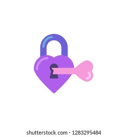 Heart padlock with key flat icon, vector sign, colorful pictogram isolated on white. Love and valentine day symbol, logo illustration. Flat style design