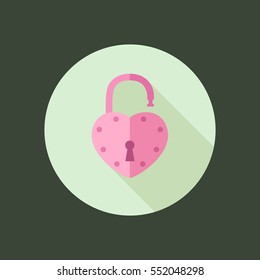 Heart Padlock open in Circle Icon. Flat Design Vector Illustration with Long Shadow. Happy Valentine Day Symbol. Lock with heart shape