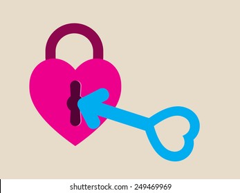 Heart padlock and symbol key, concept for male, female with love, open mind and wedding. Eps 10 vector illustration.
