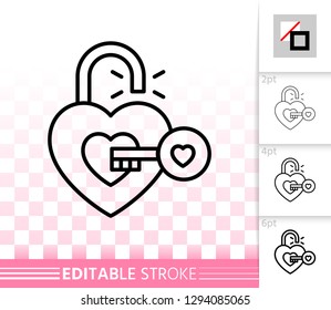 Heart padlock thin line icon. Outline open lock sign. Love linear pictogram with different stroke width. Simple vector symbol, transparent background. Valentine day editable stroke icon without fill