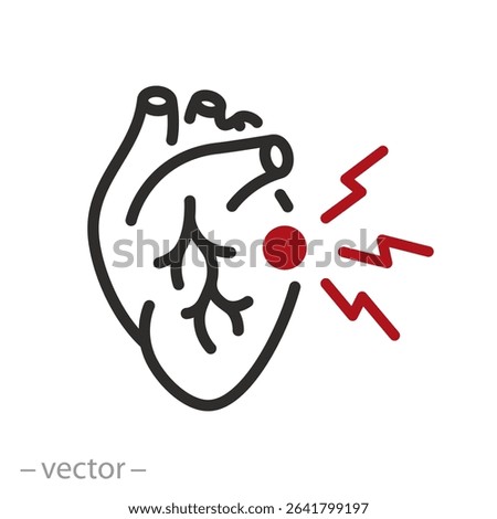 heart pain icon, heart attack, cardiac pains, myocardial infarction thin line symbol on white background - editable stroke vector illustration