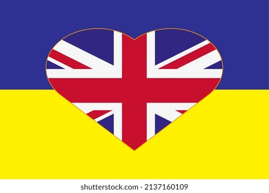 Heart painted in the colors of the flag of Great Britain on the flag of Ukraine. Vector illustration of a heart with the national symbol of Great Britain on a blue-yellow background.
