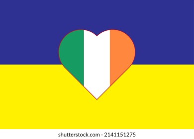 Corazón pintado en los colores de la bandera de Irlanda en la bandera de Ucrania. Ilustración vectorial de un corazón con el símbolo nacional de Irlanda sobre un fondo azul-amarillo.
