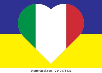 Heart painted in the colors of the flag of Italy on the flag of Ukraine. Vector illustration of a heart with the national symbol of Italy on a blue-yellow background.
