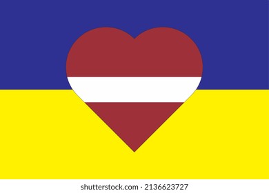 Heart painted in the colors of the flag of Latvia on the flag of Ukraine. Vector illustration of a heart with the national symbol of Latvia on a blue-yellow background.
