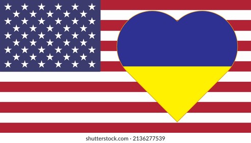 Heart painted in the colors of the flag of Ukraine on the flag of the United States. Vector illustration of a blue-yellow heart on a striped background.
