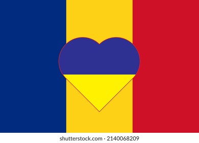 A heart painted in the colors of the flag of Ukraine on the flag of Romania. Vector illustration of a blue and yellow heart on the national symbol.
