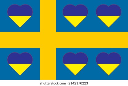 A heart painted in the colors of the flag of Ukraine on the flag of Sweden. Vector illustration of a blue and yellow heart on the national symbol.
