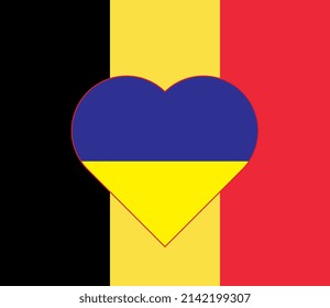 A heart painted in the colors of the flag of Ukraine on the flag of Belgium. Vector illustration of a blue and yellow heart on the national symbol.
