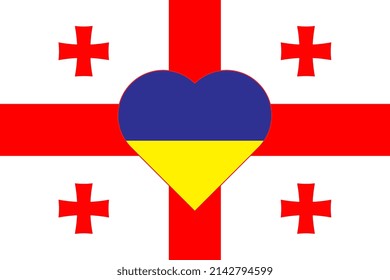 A heart painted in the colors of the flag of Ukraine on the flag of Georgia. Vector illustration of a blue and yellow heart on the national symbol.

