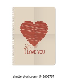 Heart painted on the sheet of a notebook. Vector Illustration