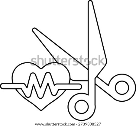 A heart and a pair of scissors are drawn together. The heart is surrounded by a wave, and the scissors are positioned above it. Concept of cutting or cutting off something