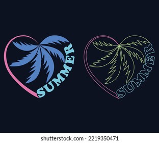 Diseño de camisetas vectoriales de palmeras de corazón. Obras de arte de árboles de playa de verano. Diseño vectorial del paraíso veraniego.