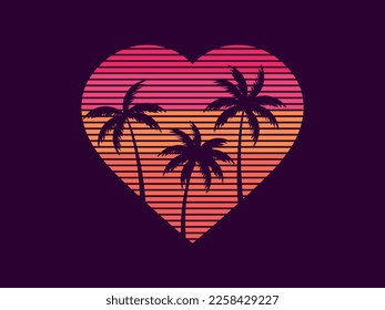 Corazón con palmeras al estilo de los años 80 para el día de San Valentín. Corazones retro futuristas con palmeras esquemáticas al estilo de las ondas sintéticas. Diseño para tarjetas de felicitación, banner y afiche. Ilustración del vector