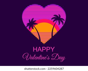 Heart with palm trees in the style of the 80s for Valentine's day. Retro futuristic hearts with outline palm trees in synthwave style. Design for greeting card, banner and poster. Vector illustration