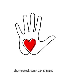 Heart in the palm of your hand. Vector illustration of the icon of cordiality and kindness. Template for Valentine's day.