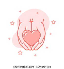 Heart In Palms flat cartoon style concept. Simple sign of giving hand valentine day icon. Cute color symbol for print, social media post, web banner, card design. Vector Illustration isolated on white