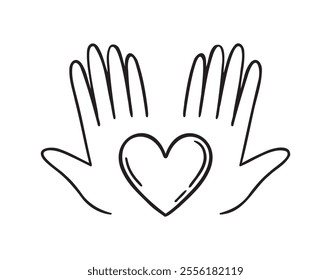 heart in palms of hands doodle hand drawn icon. Love Relationship concept outline drawing hands and heart line clipart symbol. Vector illustration