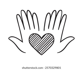 heart in palms of hands doodle hand drawn icon. Love Relationship concept outline drawing hands and heart line clipart symbol. Vector illustration