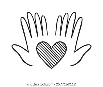 heart in palms of hands doodle hand drawn icon. Love Relationship concept outline drawing hands and heart line clipart symbol. Vector illustration