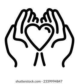 Heart in palms line icon, love or health care concept, Human hands holding heart vector sign on white background, giving heart symbol in outline style mobile and web design. Vector graphics