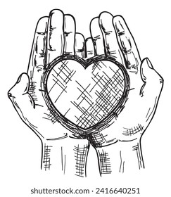 Corazón en las palmas de un hombre. Concepto de amor, caridad, filantropía y donación. Esbozo dibujado a mano por vectores. 