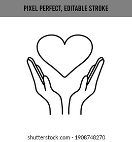 Heart Palms On White Background. Healthcare Concept. Nature. Protection Icon Vector. Prevention Concept. Hand Sanitizer. Isolated Vector. Editable Stroke.